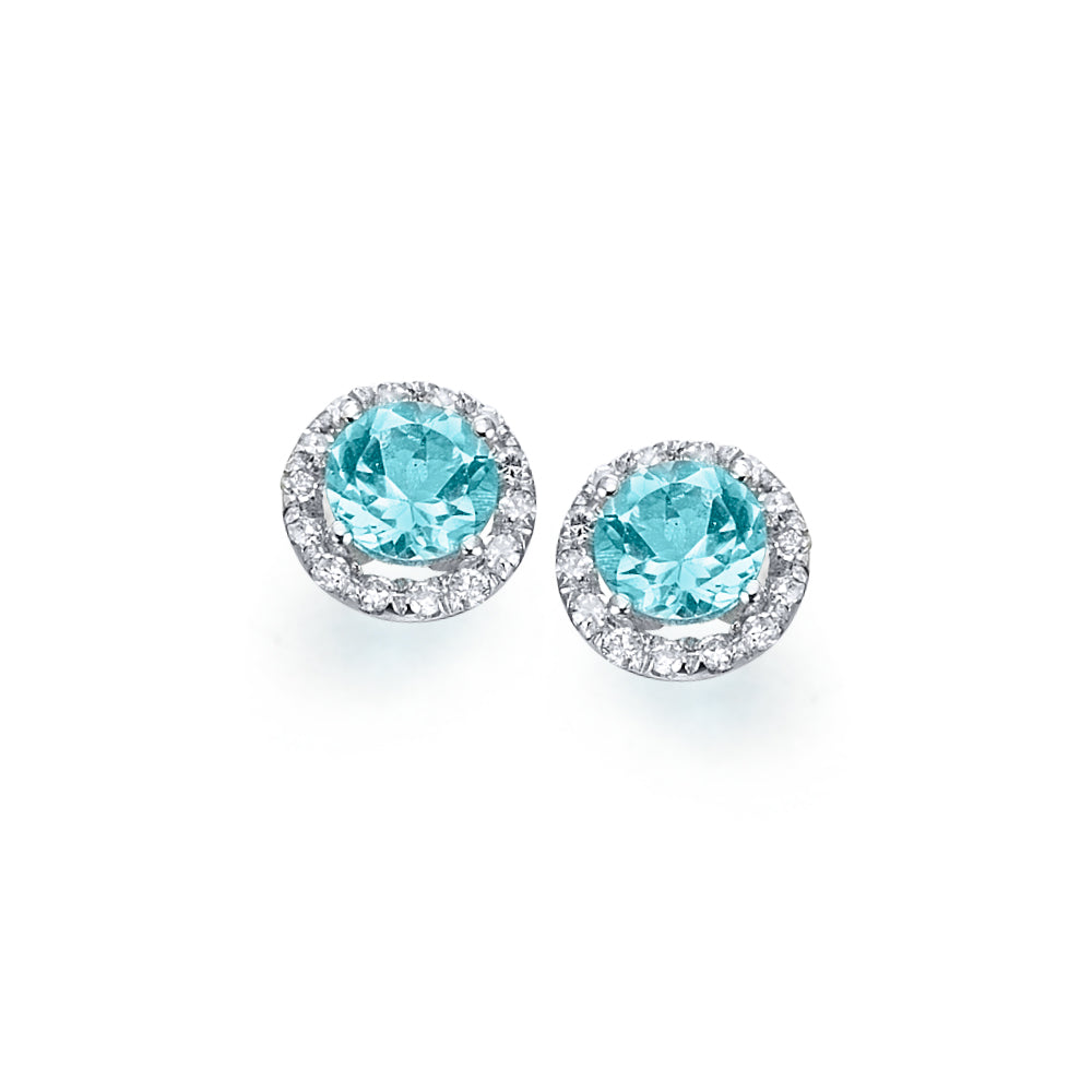 Brincos em ouro branco, com topázio azul circular e diamantes em redor