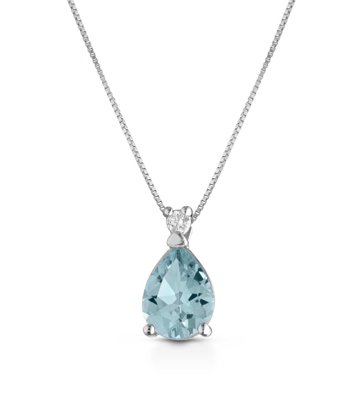 Colar em ouro branco, gota em água-marinha e diamante