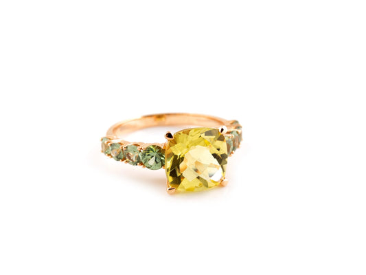 Anel em ouro, quartzo limão e safira verde