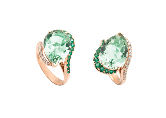 Anel em ouro, com gota de prasiolite, safira verde e diamantes