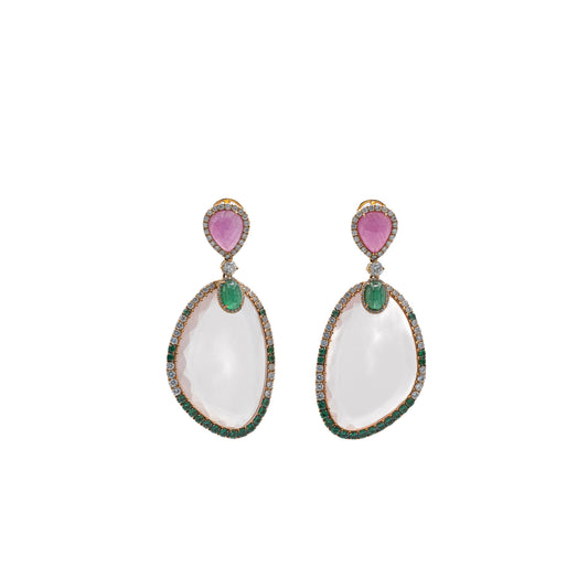 Brincos Primavera em ouro, diamante, quartzo, safira rosa e esmeralda