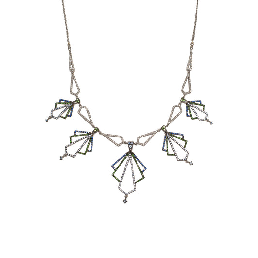 Fan-shaped choker in white gold, diamond, sapphire and tsavorite.