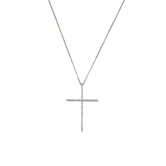 White gold necklace with a large diamond cross.