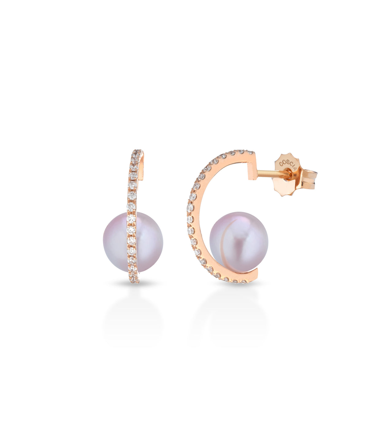 Argolas em ouro, pérola natural rosa e diamantes
