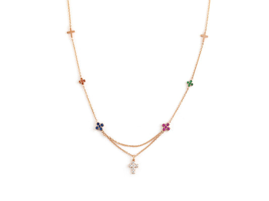 Rose gold necklace with a central diamond cross and side crosses in sapphires and savorite.