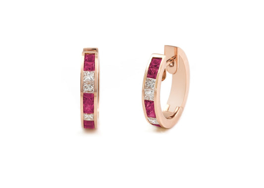 Argolas em ouro rosa, com uma fileira de diamantes e outra fileira de rubis