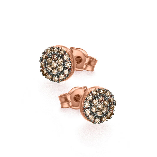 Earrings in rose gold with a circle of brown diamonds.