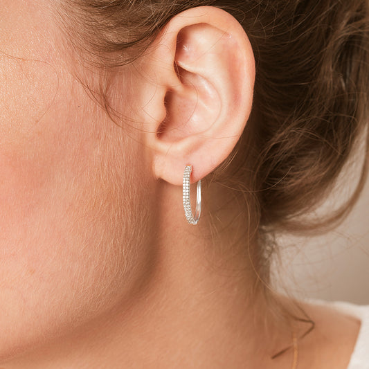 White gold hoop earrings with two rows of diamonds.