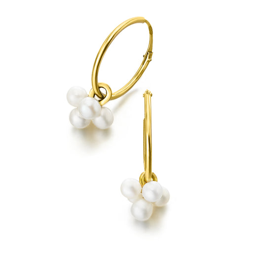 Gold hoop earrings with a cluster of pearls.