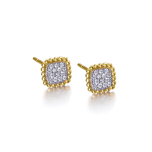 Gold earrings with a square diamond setting.