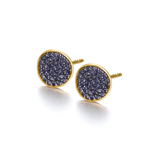 Gold earrings with a circle of black diamonds.