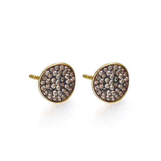 Gold earrings with a circle of brown diamonds.