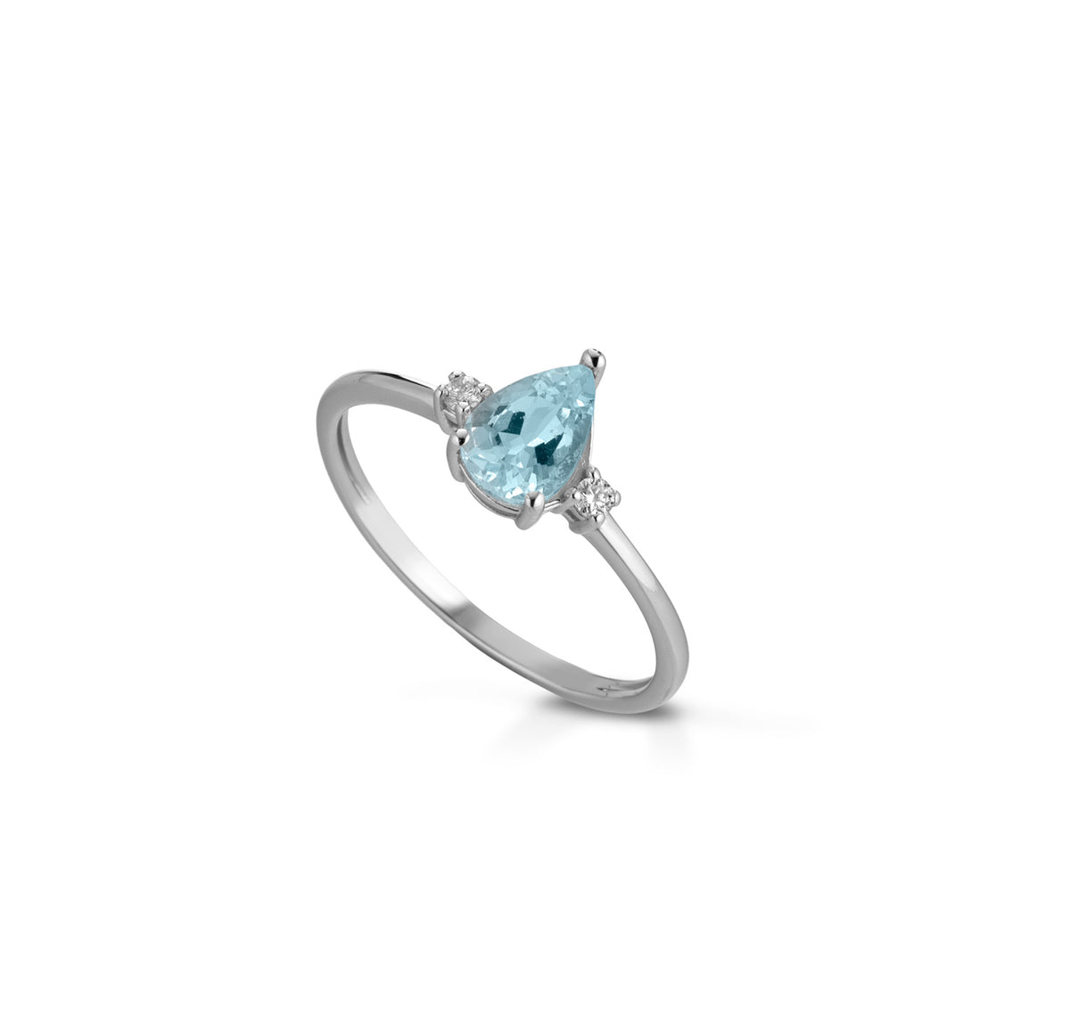 Anel em ouro branco, gota em água-marinha e diamante