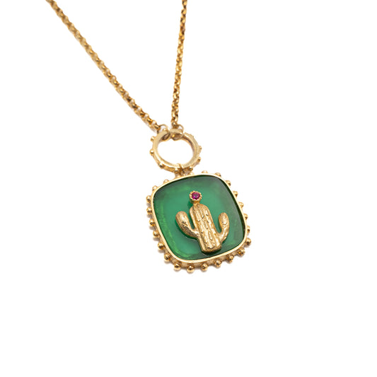 Green cactus necklace in gold-plated silver.