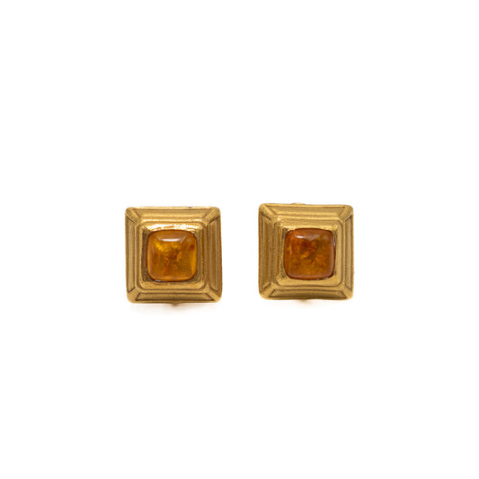 Brincos quadrados de ambar e ouro