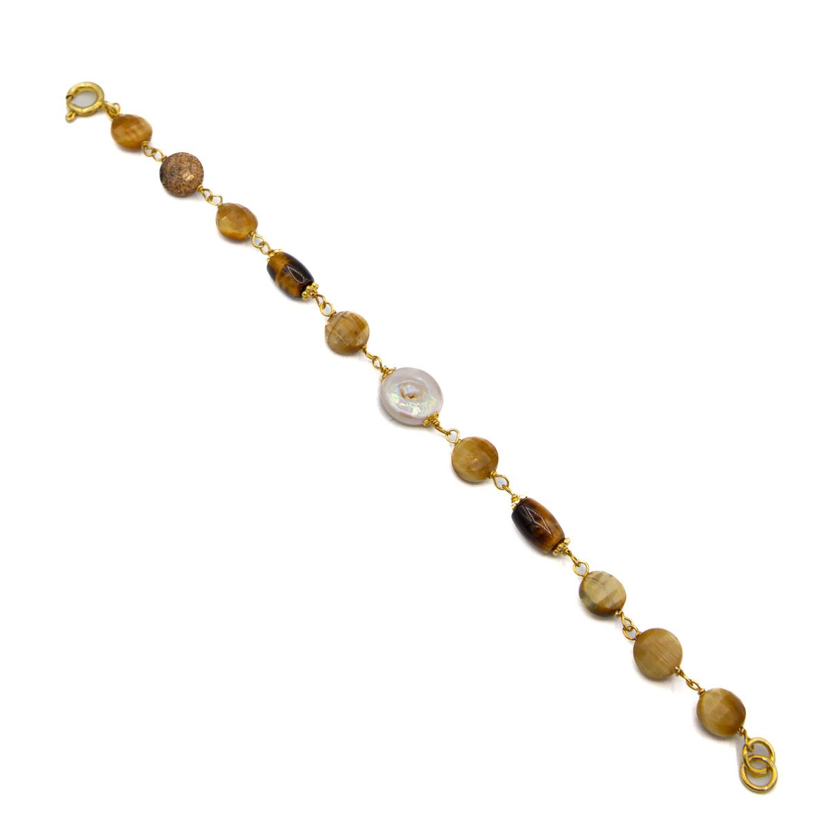 Pulseira em prata dourada, pérola e olho de tigre