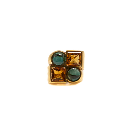 Gold ring with green and yellow topaz.