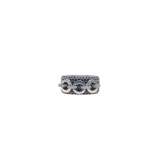Three-circle ring in white gold, diamonds, and blue sapphires.