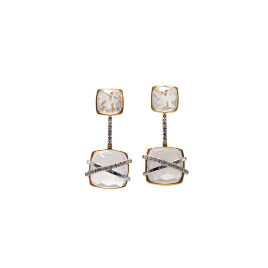 Brincos compridos em ouro, cristal rocha e diamantes