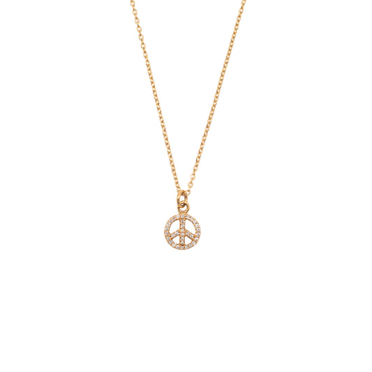 Gold chain with a peace symbol in diamonds.